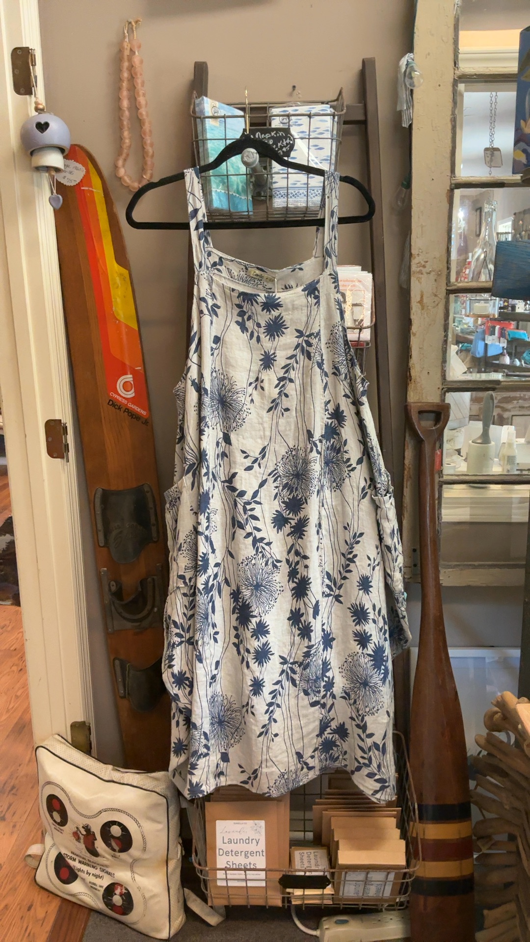 linen pinafore dress green 2Y stylish look Indigo Botanical Linen Pinafore Dress
