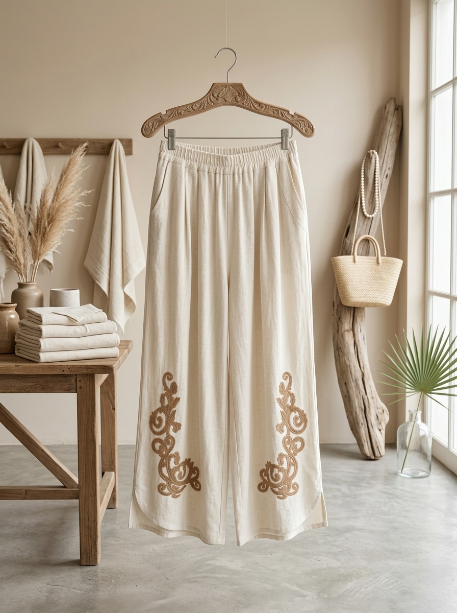 Coastal Drift Oatmeal Embroidered Pants | BLEU Boutique